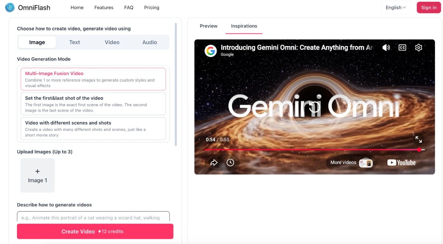 Gemini Omni Flash 视频生成器工作区界面,显示上传参考图片、配置竖屏或宽屏宽高比以及输入自定义文本提示的选项